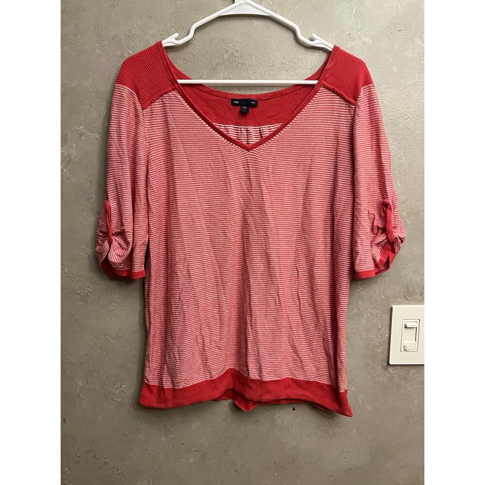 GAP Vintage Striped Knit Sweater Top Red White 3/4 Sleeve V-Neck Casual Size L - Picture 4 of 12
